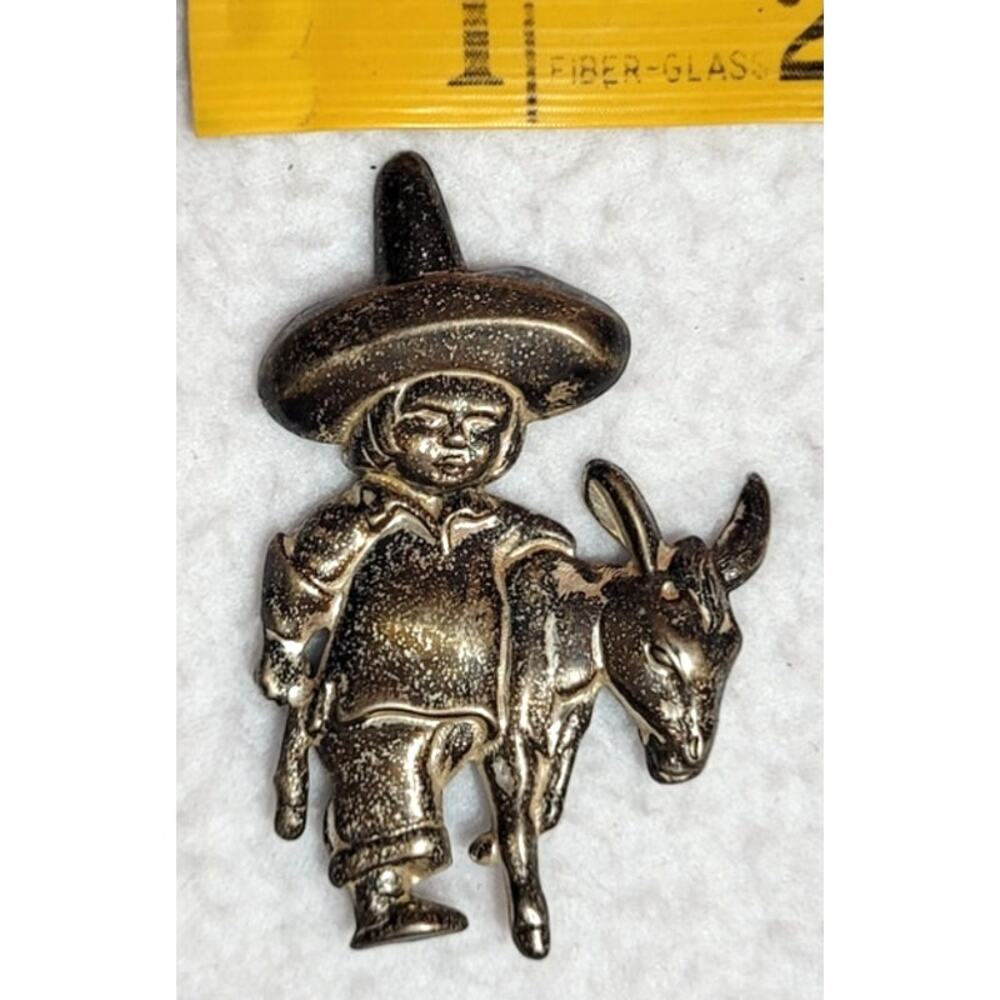 VINTAGE 1940s MEXICAN STERLING 925 BOY SOMBRERO HAT BURRO DONKEY BROOCH PIN - Picture 3 of 9